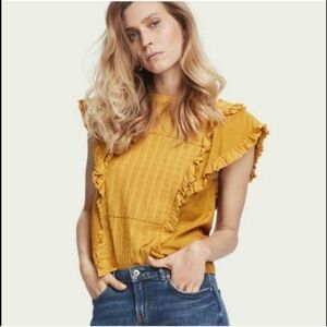 Scotch and Soda Ruffle Cotton & Silk Swiss Dot Blouse in Mustard Yellow XL
